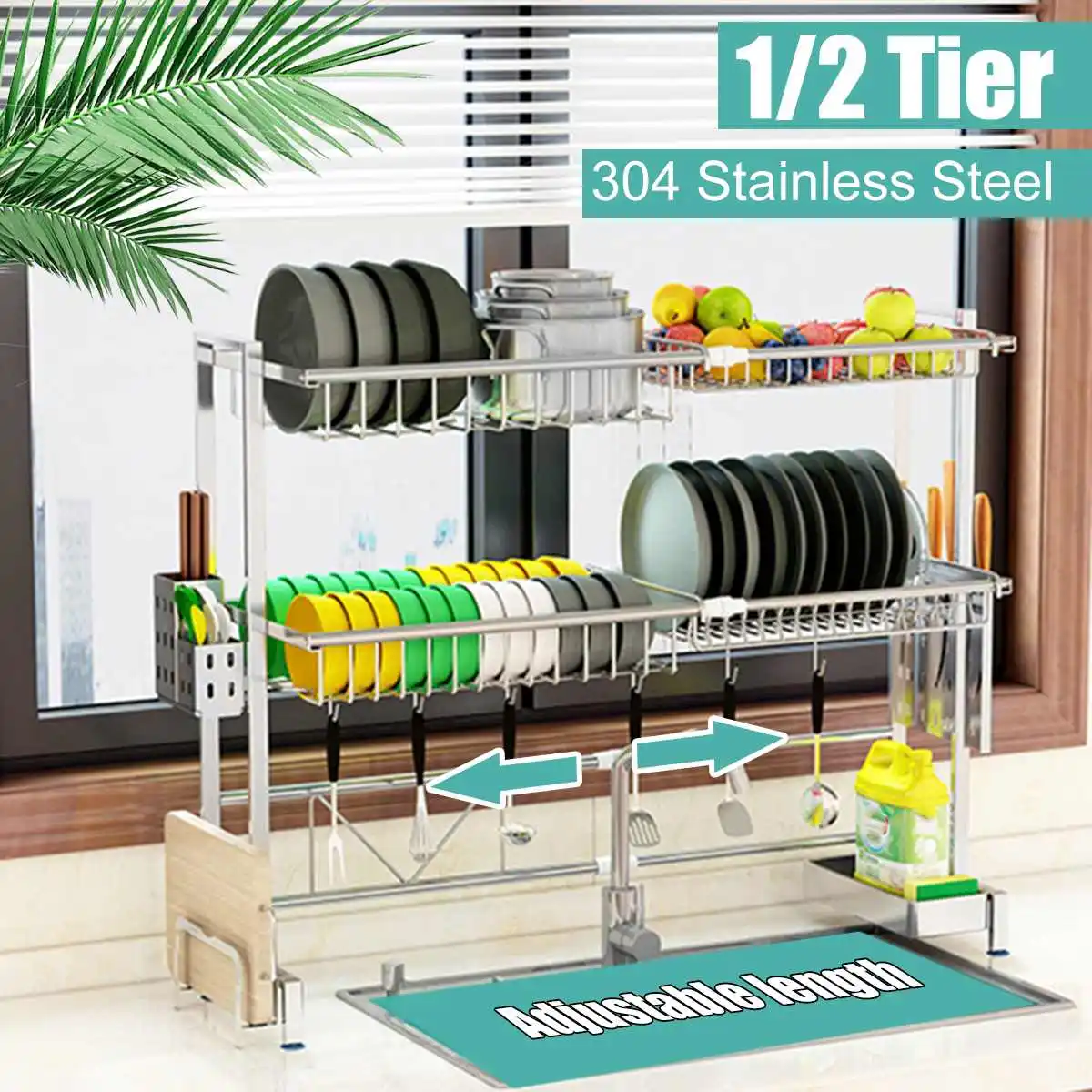 

1/2 уровневая кухонная стойка для хранения из нержавеющей стали, регулируемая двойная полка для слива раковины, многофункциональный органай...