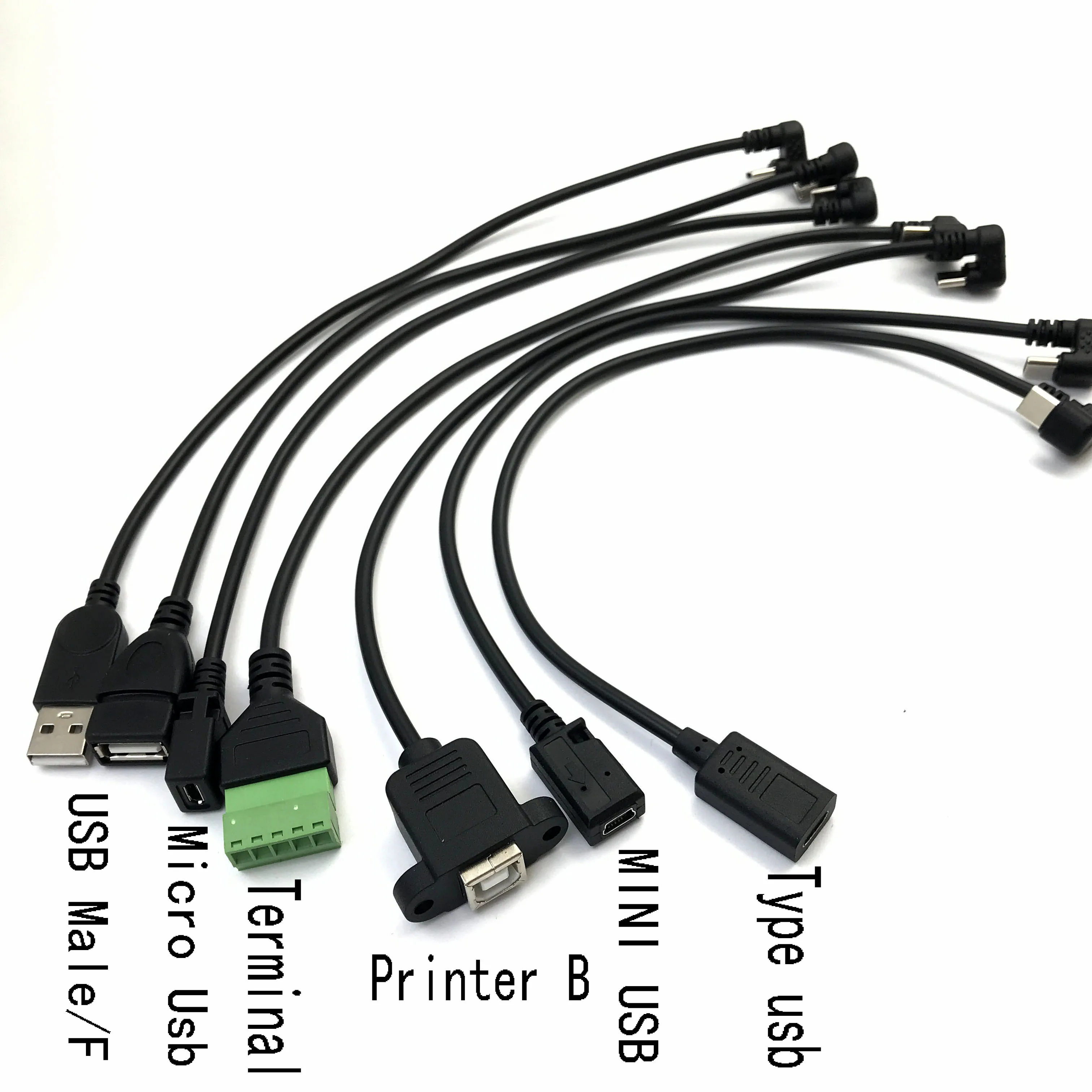 

25cm mini Usb Male/ usb Male Female/Mrico/ Printer B / Terminal 5P TO Type-c Usb Degree Cables Wholesale