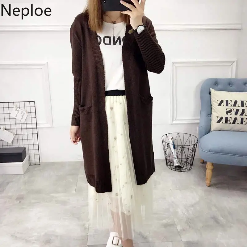Neploe V Neck Long Knit Cardigans Femme Korean Loose Solid Sweater Women Autumn Winter New Sleeve Slim Pull 46320 |