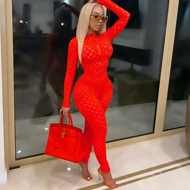 

Sexy Long Sleeve Bodycon Jumpsuit for Women 2021 Summer Clothes One Piece Club Outfits See Through Hole Rompers Overalls