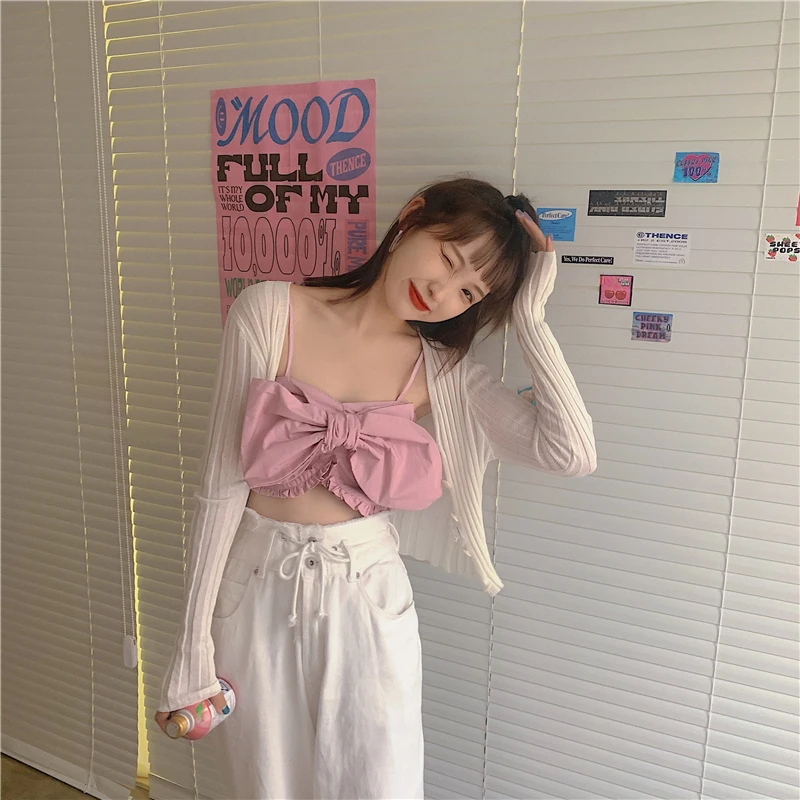 

Pink Bownot Design Spaghetti Strap Tops Women Sexy Party Clubwear Bar Camisole Female 2021 Summer Elastic Sweet Cute Egirl Camis