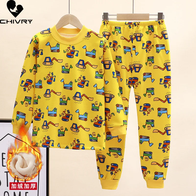 

New 2021 Kids Boys Thicken Pajama Sets Cartoon O-Neck Tops with Pants Baby Girls Autumn Winter Soft Warm Sleeping Clothing Sets