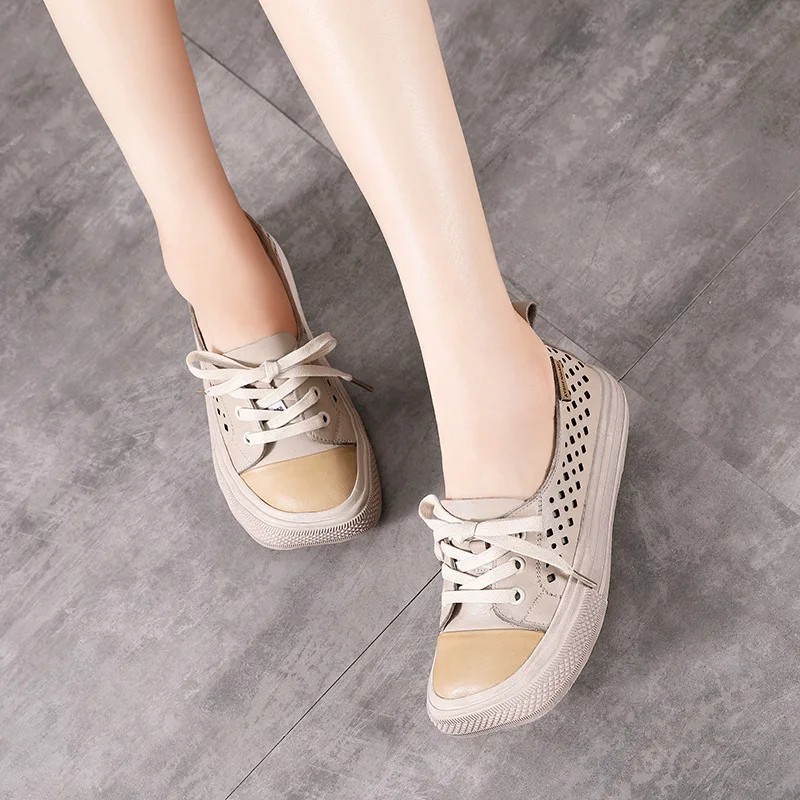 

2021 new spring, summer and autumn style cowhide hollow top single shoes with lace-up soft sole and low heel women's shoe square