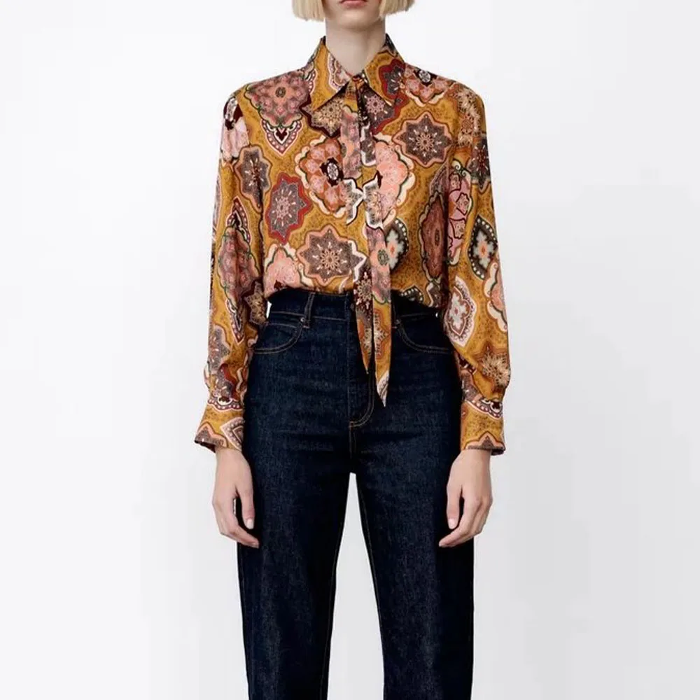 

Za Women 2021 New Fashion With Bow Floral Print Blouses Vintage Long Sleeve Button-up Female Shirts Blusas Chic Tops