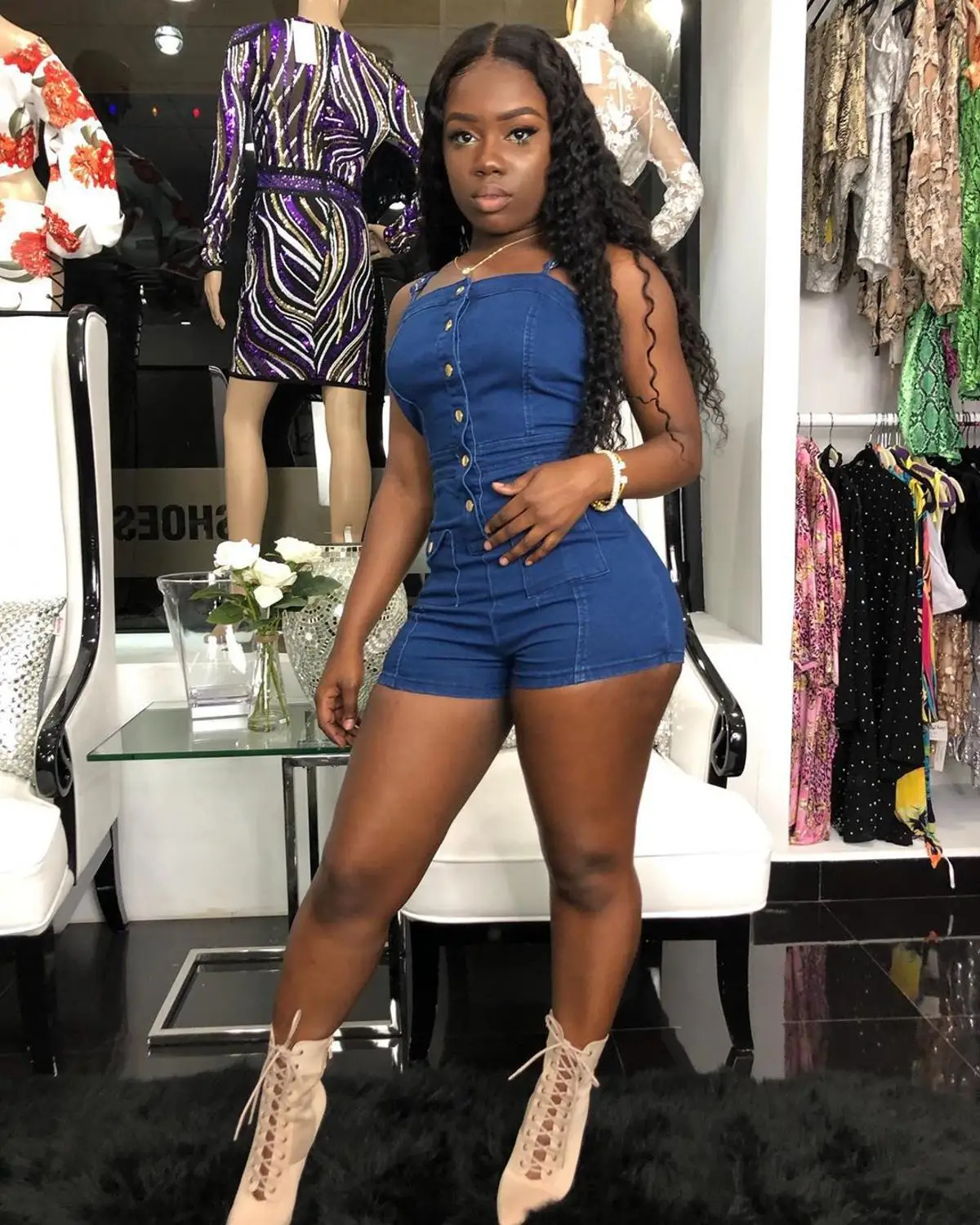 

Hot Recommend Style Classic Streetwear Women Blue Sheath Playsuit Fashion Sexy Femme Single-breasted Short Jumpsuit Catsuit