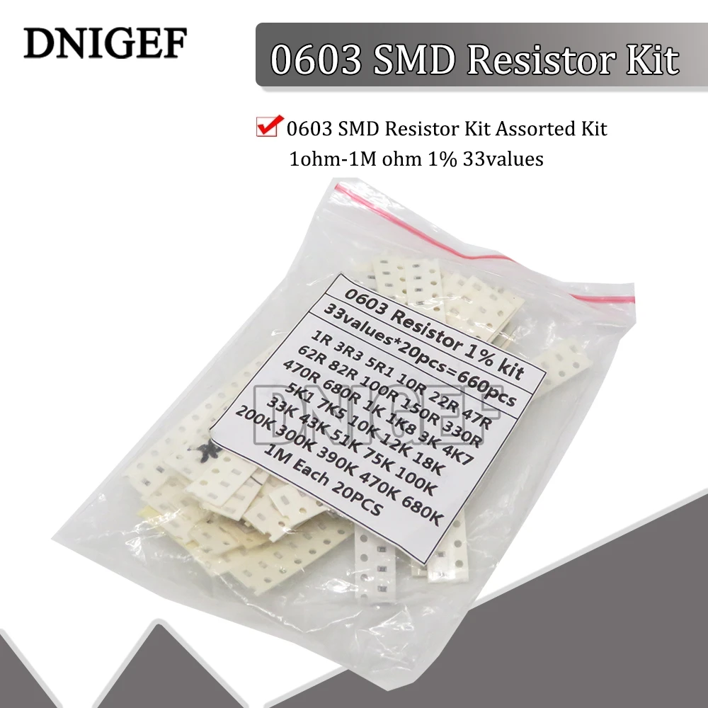 Комплект резисторов 0603 SMD в ассортименте 1 Ом-1М Ом 1% 33 значения 20 шт. = 660 набор