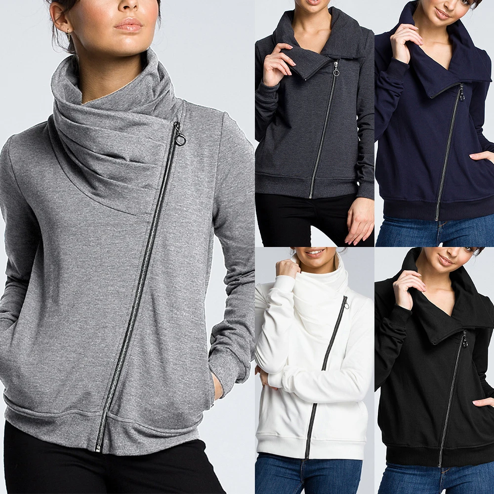 Женская осенне зимняя толстовка с отложным воротником и молнией сбоку|Женские
