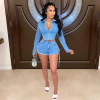 casual women two piece set shirt backless bandage top and short pants jeans suit high streetwear clothes for women outfit