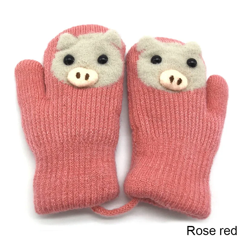 rose red YEABIU/зимние уличные детские вязаные утолщенные перчатки для мальчиков и девочек Теплые детские перчатки с веревкой, детские перчатки с рисунком свинки, детские перчатки - Цвет: rose red
