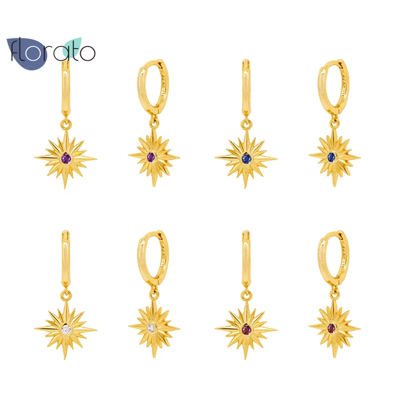 

925 Sterling Silver Zircons Embellished Colorful Cat Eye Accessories Charming Pendant Stars CZ Hoop Earrings Fashion Jewelry