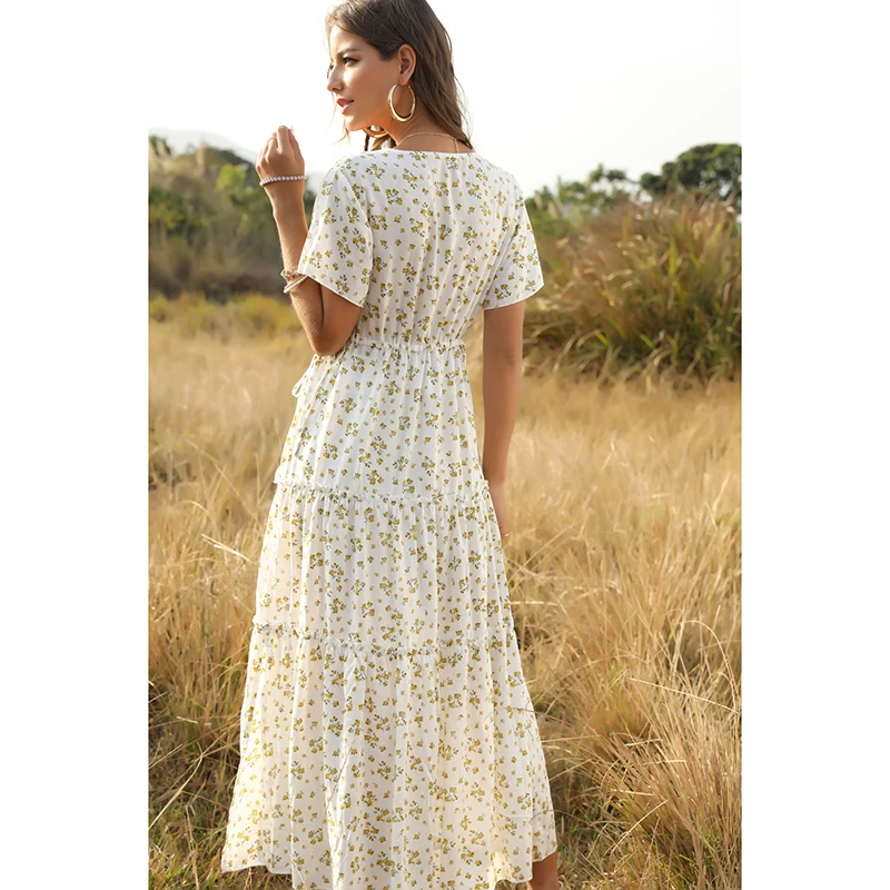 Женское богемное платье с цветочным принтом глубоким v-образным вырезом высокой