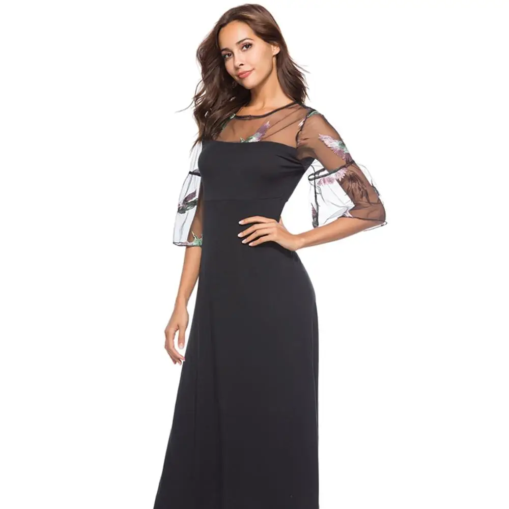 Женское кружевное платье с вышивкой черное ТРАПЕЦИЕВИДНОЕ Сетчатое рукавом до