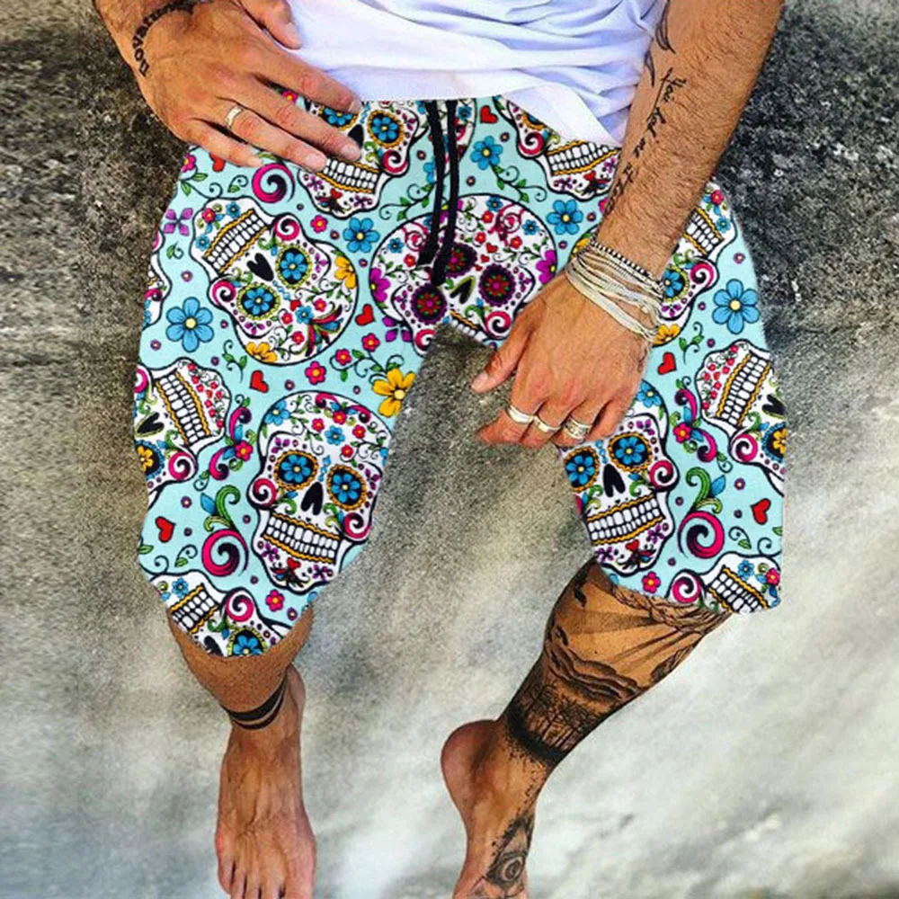 

Lugentolo Plus Size Skull Printed Shorts Men Summer Fashion Loose Casual Beach Mid Waist Lace Up Mens Pants