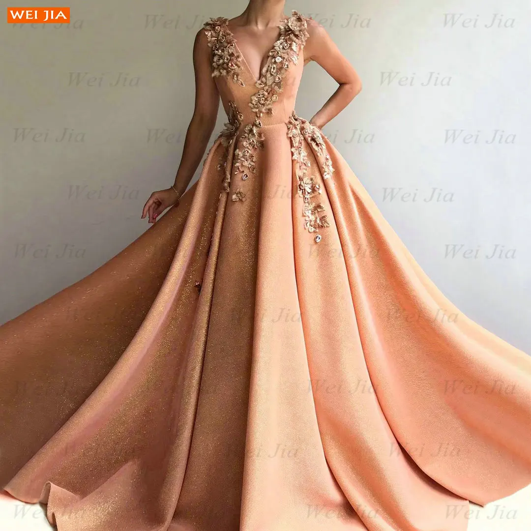 

Pink V Neck Prom Dress For Women 2021 robe de bal femme longue A Line Appliqued Party Dresses Custom Made vestidos de graduación