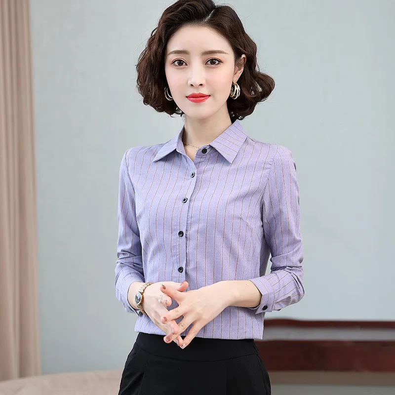

Женская весенне-осенняя новая полосатая рубашка с длинным рукавом и воротником-поло, Корейская облегающая элегантная женская офисная блуз...