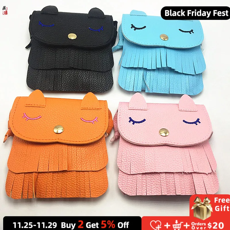 

PU Leather Children's Tassel Shoulder Bag Lovely Cat Baby Girls Small Coin Purse Handbags Boys Kids Change Wallet Crossbody Bags