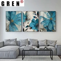 gren vintage blue paint blooming flowers canvas painting abstract poster botanical print wall art picture living room home decor
