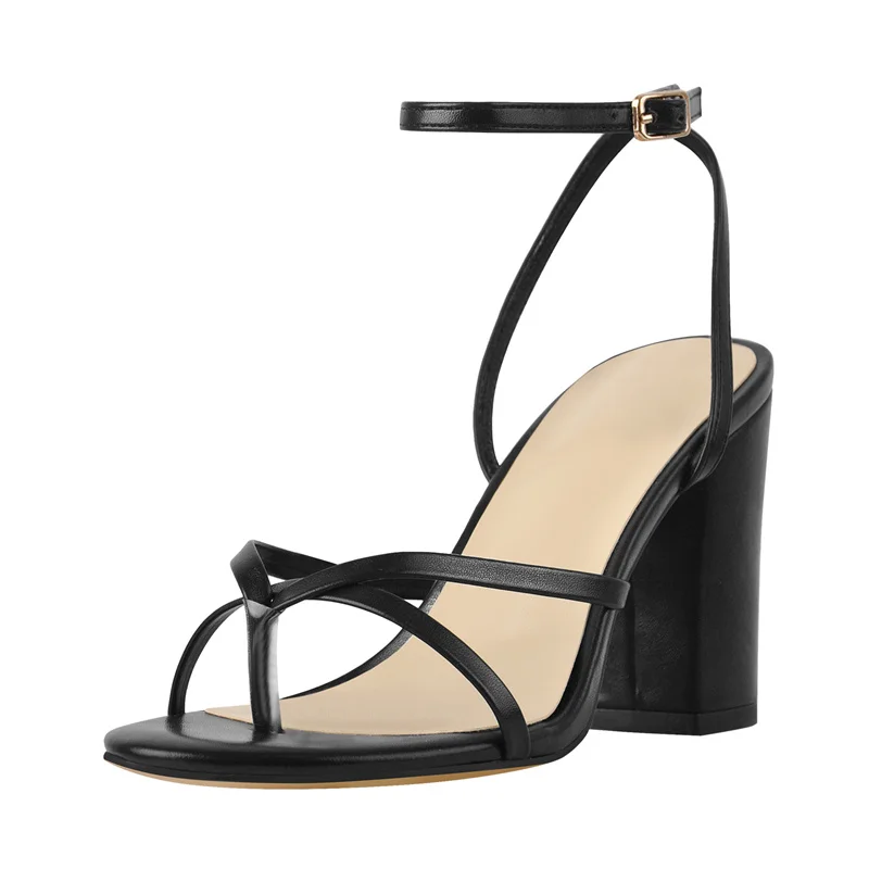 Richealnana Concise Chunky Heels Sandal Flip Flops Women Matte Black Round Open Toe Sandals Ankle Buckle Office Lady Summer