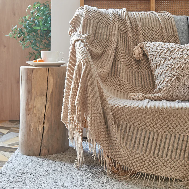 

Air Conditioning Blanket Sofa Blanket INS Nordic Style Simple Solid Office Nap Blanket Homestay Decorative Blanket with Tassels