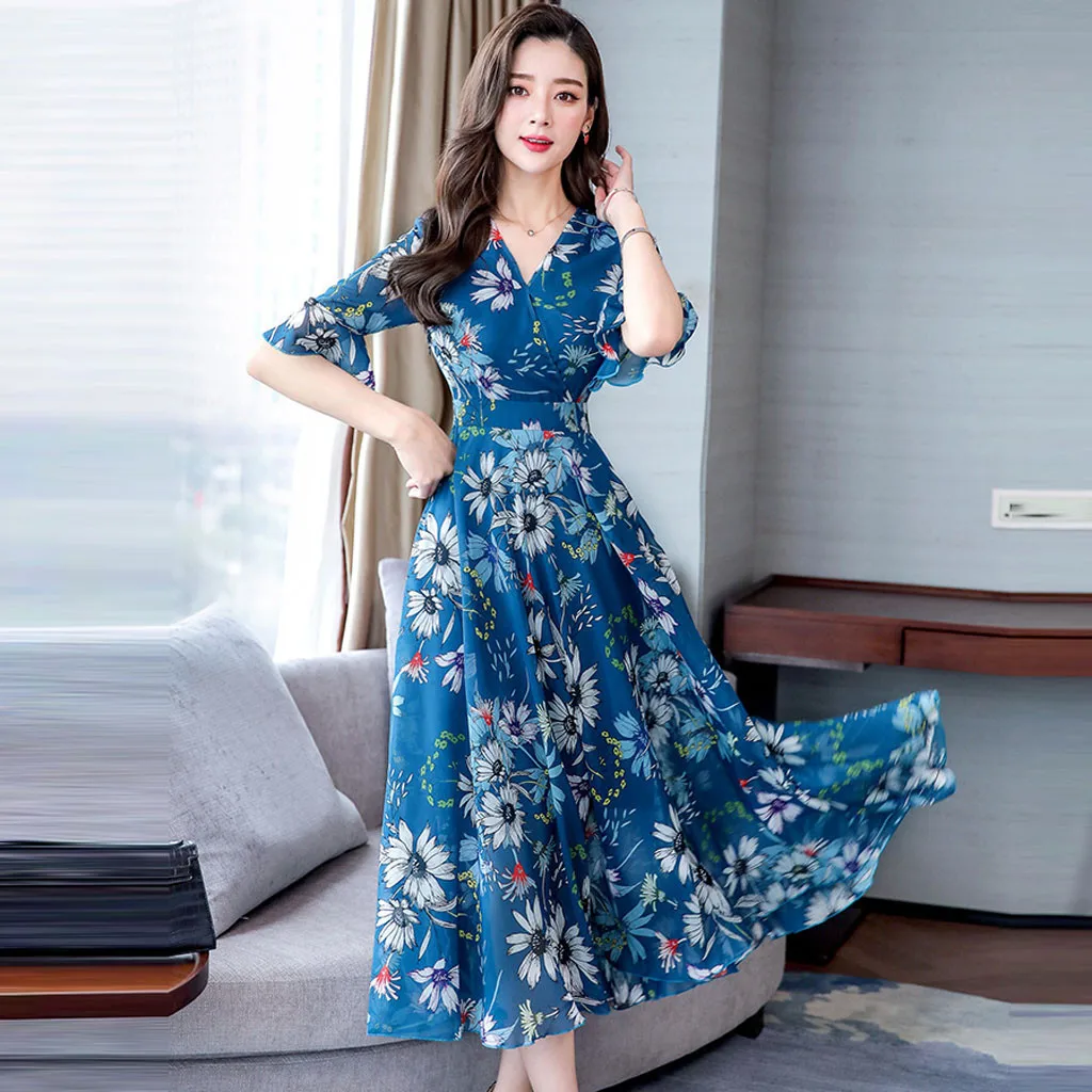 Женское летнее платье с цветочным принтом в стиле бохо коротким рукавом а-силуэт