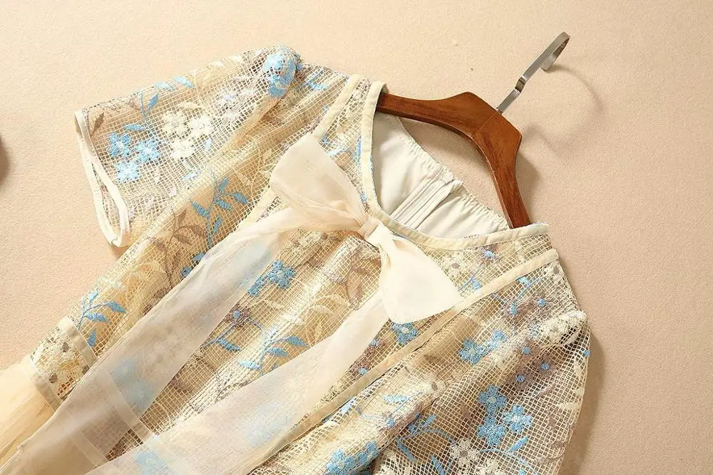 

European and American women's clothes spring 2020 new style Short sleeve bow Round collar Fashion embroidered dress