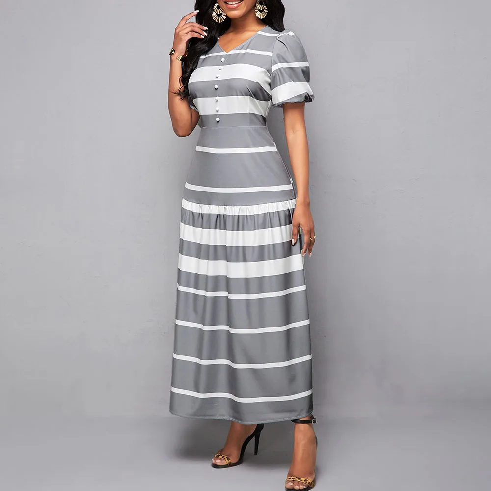 

2021 Summer New Casual Oversize African Western Style Stripe Printing V-neck Single-breasted Puff Sleeve Long Women's Dress