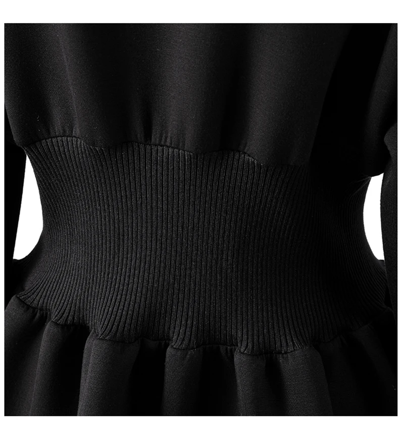 

Spliced Women Black Knitting Elastic Waist Dress New Hooded Long Sleeve Loose Fit Fashion Tide Autumn Winter 2021 1DD2421