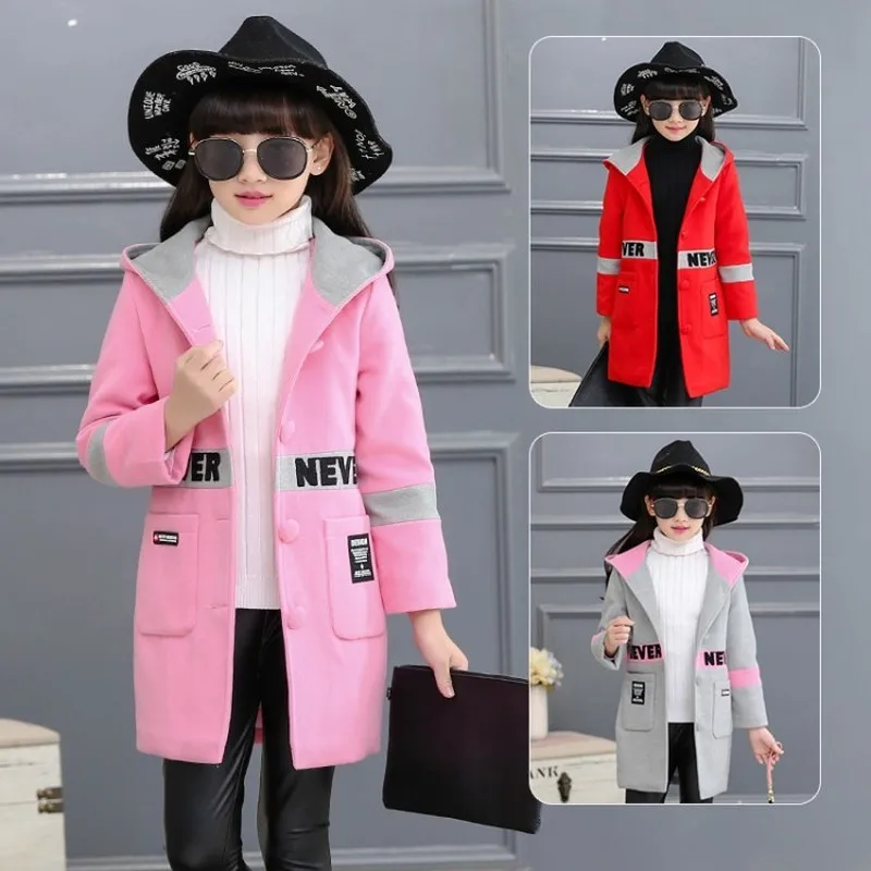 

Hot Teenager Girls Woolen Blends Coat Jacket Autumn and Winter 2019 New Korean Long Section Hooded Plus Velvet Thick Woolen Coat