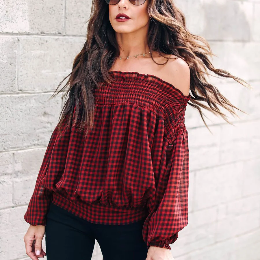 

BoozRey Y2k женская одежда 2021 корейская мода новинка пикантный клетчатый Свободный Повседневный пуловер без бретелек с длинными рукавами-фонар...