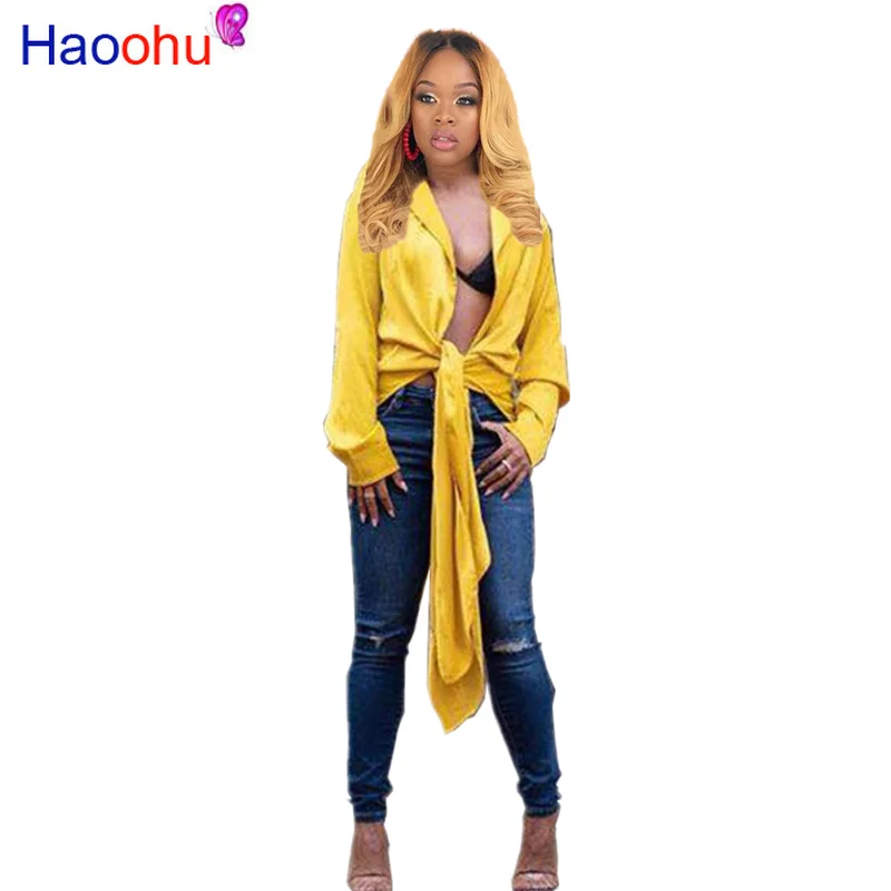 

HAOOHU Women Long Sleeve Tie Front top Shirts Elegant Summer Fall Chic Shirt Tops Streetwear Modern Lady Sexy Work top