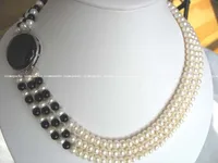 wholesale charming 3 rows 17.5-18.5-19.5" 7mm white freshwater pearl and black onyx necklace