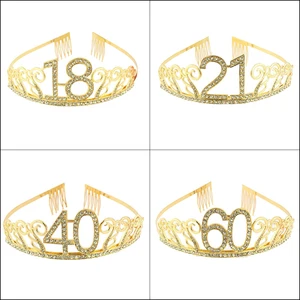 Тиара с золотыми кристаллами для женщин и девушек, повязка на голову с короной для дня рождения, украшение для вечевечерние в честь Дня рождения, 16, 18, 21, 30, 40, 50, 60, 70