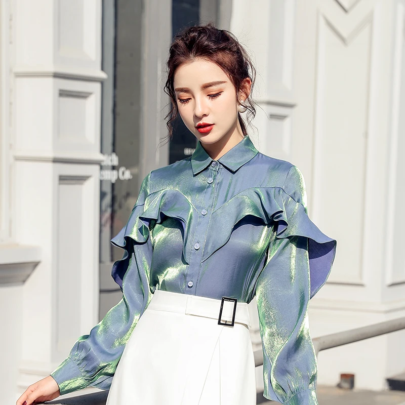 Женская блузка модная однотонная неравномерная весна яркие цвета офисные