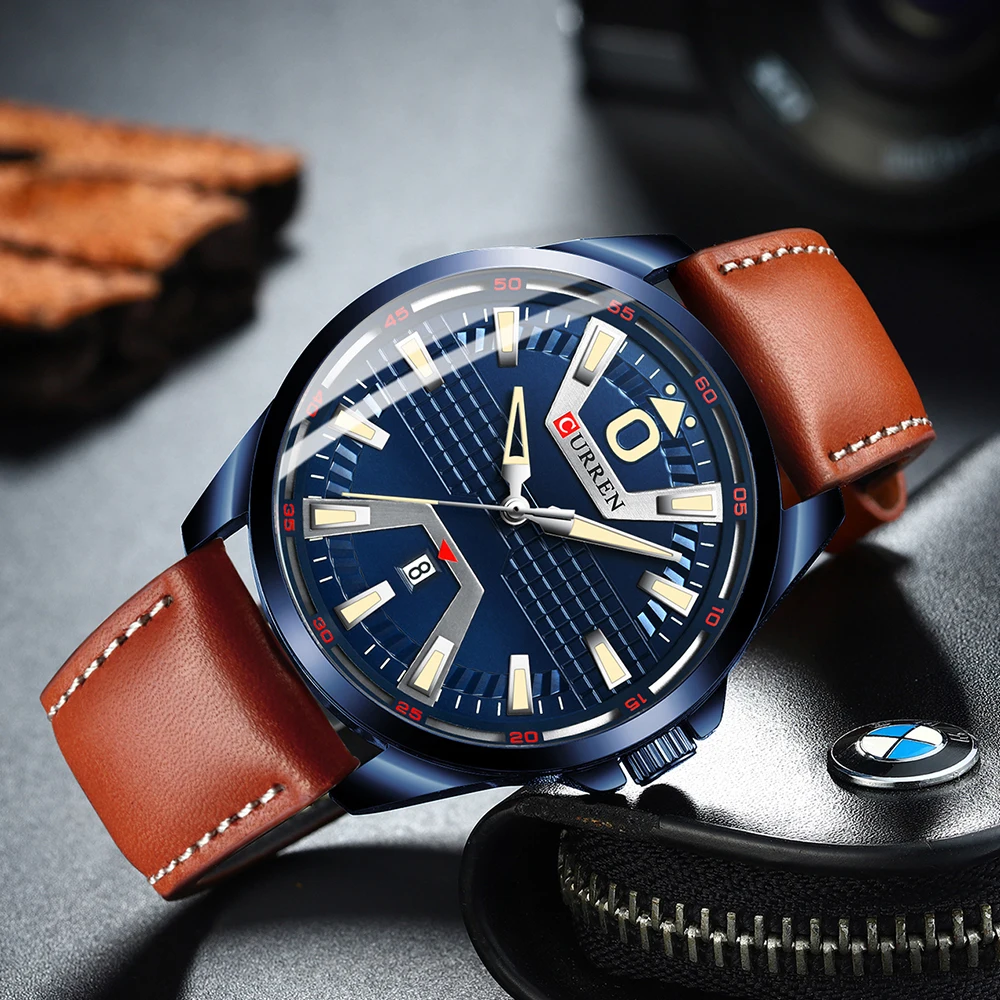 Часы CURREN Мужские кварцевые с кожаным ремешком брендовые Роскошные спортивные