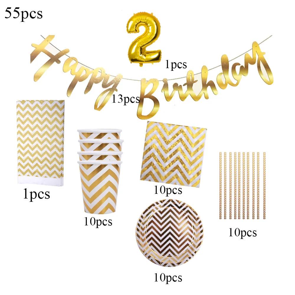 

55Pcs Gold Chevrons Theme Years Old Birthday Party Decorations Baby Shower Supplies Disposable Tableware Napkins Plates Straws