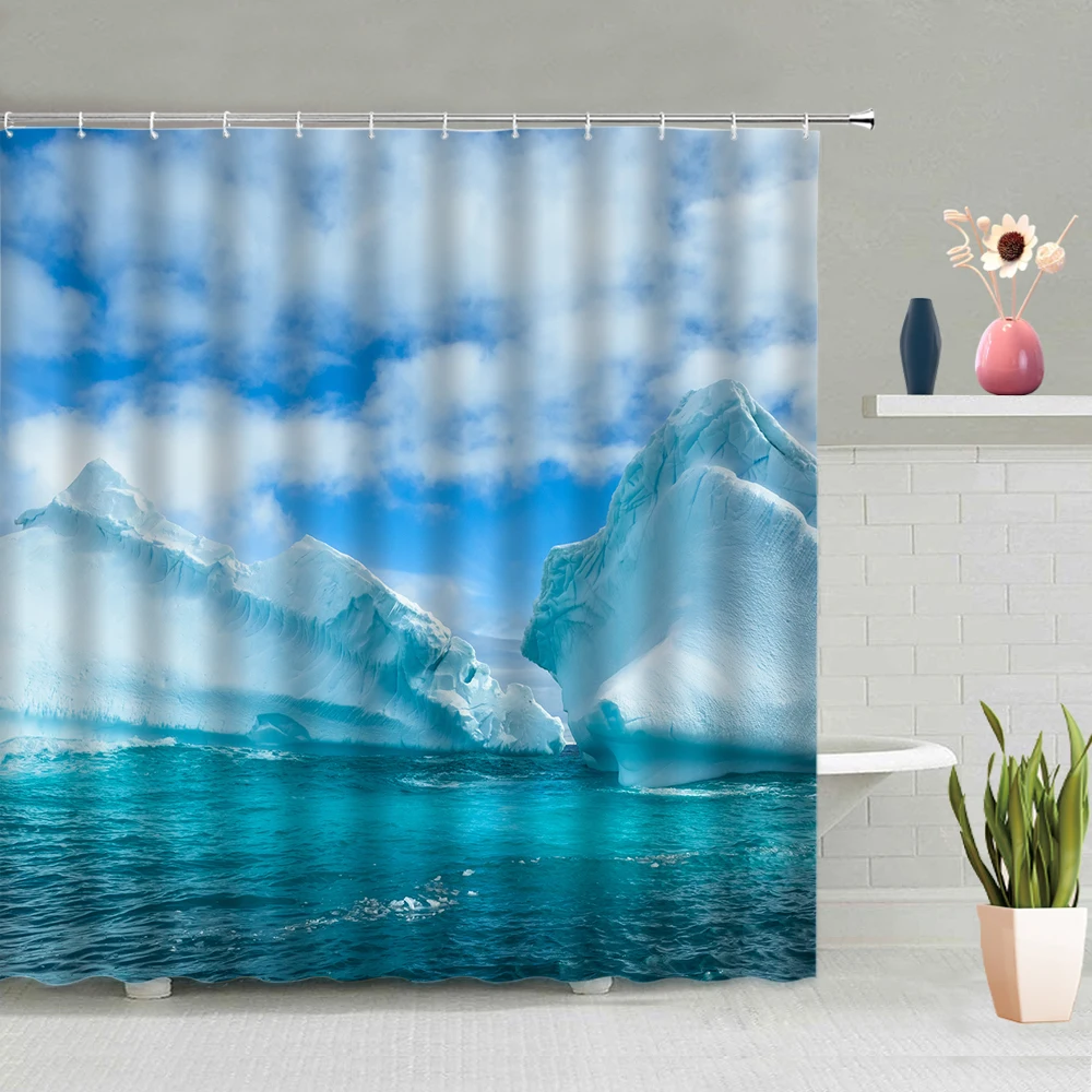 

Ocean Mountain Iceberg Shower Curtains Winter Natural Scenery Bathroom Decoration Screen Waterable Bath Curtain With Hook Set