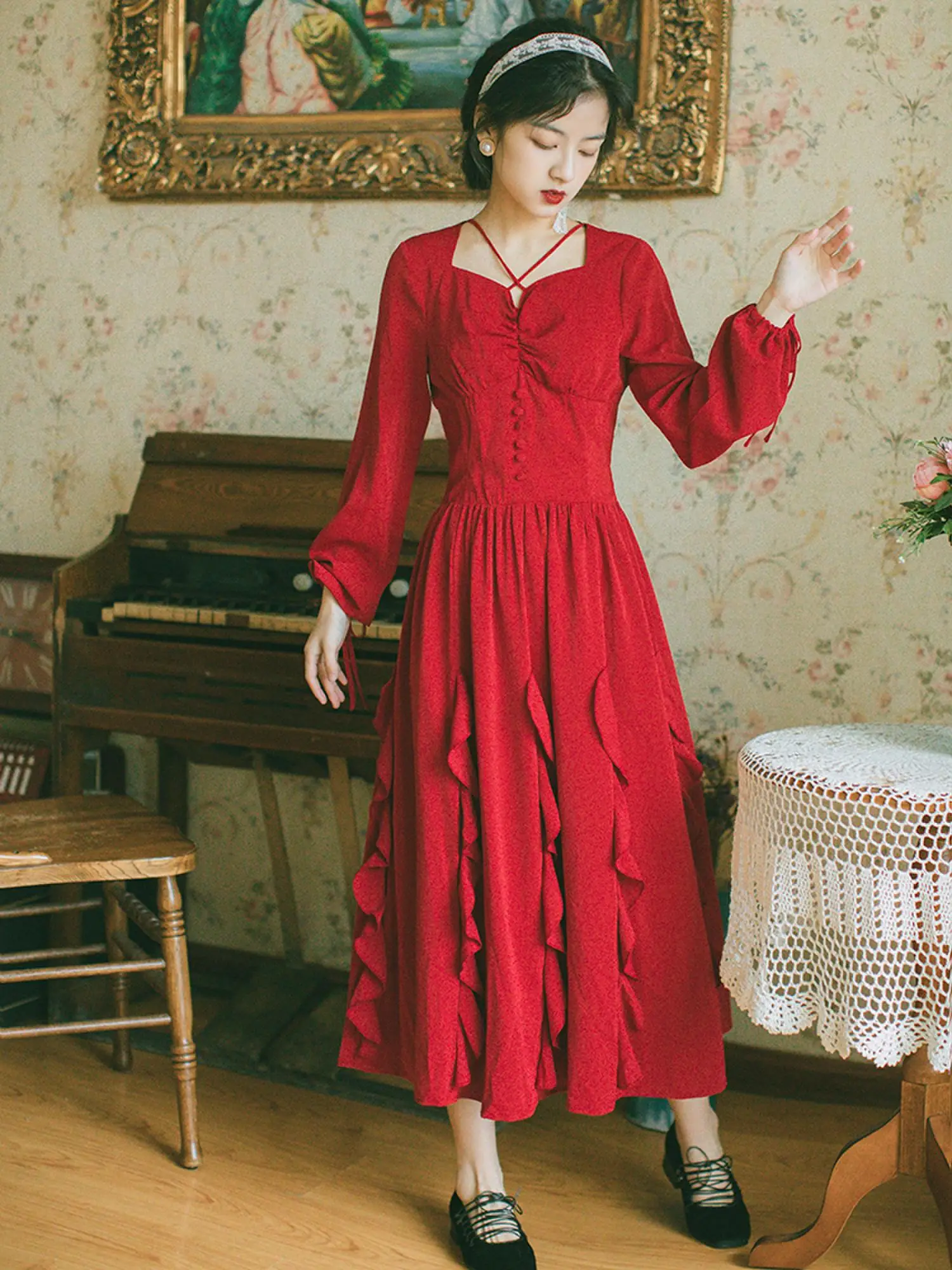 

The new women's French light ripe red wind restoring ancient ways to collect waist temperament show thin chiffon dress