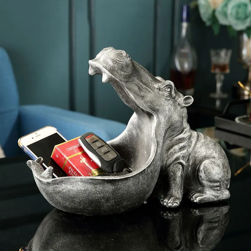 

Resin Hippo Statue Storage Hippopotamus Sculpture Figurine Key Candy Container Decoration Home Table Decoration Accessories