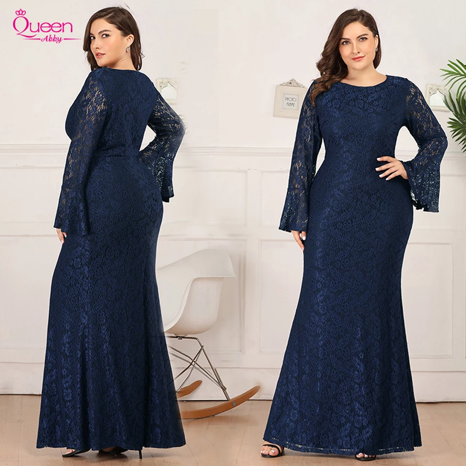 Вечернее платье Русалка длинное темно синее с кружевной аппликацией о образный