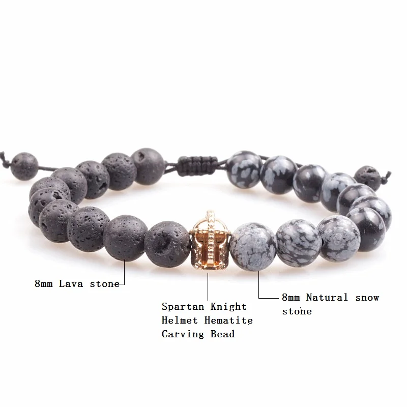 Браслет мужской из гематита с резьбой по шлему спартанского рыцаря бусина