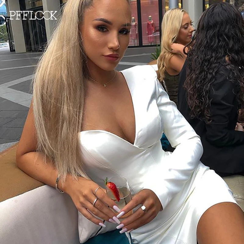 PFFLOOK, лето, v-образный вырез, одно плечо, сексуальное платье для женщин, Повседневная Клубная одежда, мини платья для вечеринок, элегантное OL белое платье Vestidos