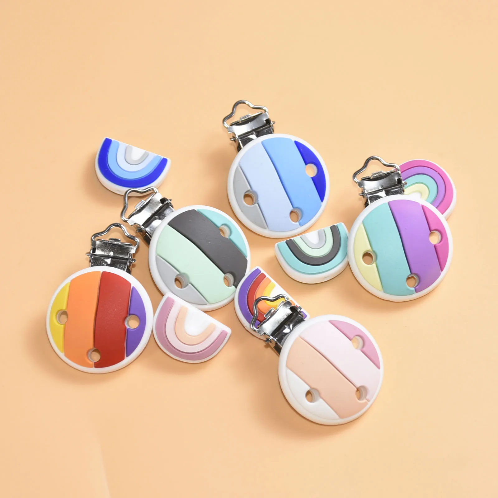 Clip de silicona para chupete, collar de dentici&oacute;n para beb&eacute;, herramienta de cuentas, accesorios redondos de coraz&oacute;n, arco&iacute;ris, bricolaje, 10 Uds.-1