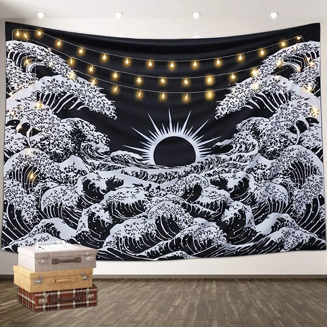 

A Amebay Black and White Tapestry, Great Wave Sun Tapestry Wall Hanging,Mountain Tapestry for Bedroom Dorm Decor