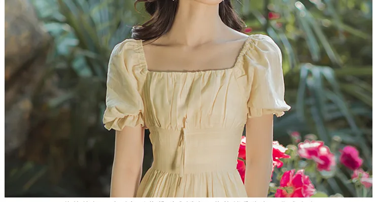 

Puff manga feminina retro magro maxi vestido gola quadrada doce e suave primeiro amor vestidos de vestidos amarelos