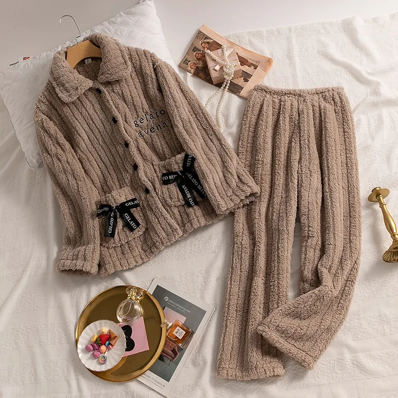 

Women Pajamas Thicken Coral Fleece Sleep Set Winter Warm Flannel Nightwear Lounge Wear Loose Striped Home Clothes Lingerie
