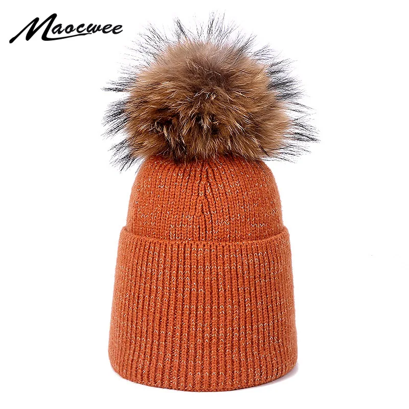 

Natural Raccoon Fur Pompom Hat For Ladies Gold Wire Crochet Slouch Bonnets Thick Warm Winter Hats Women Outdoor Knitted Beanie