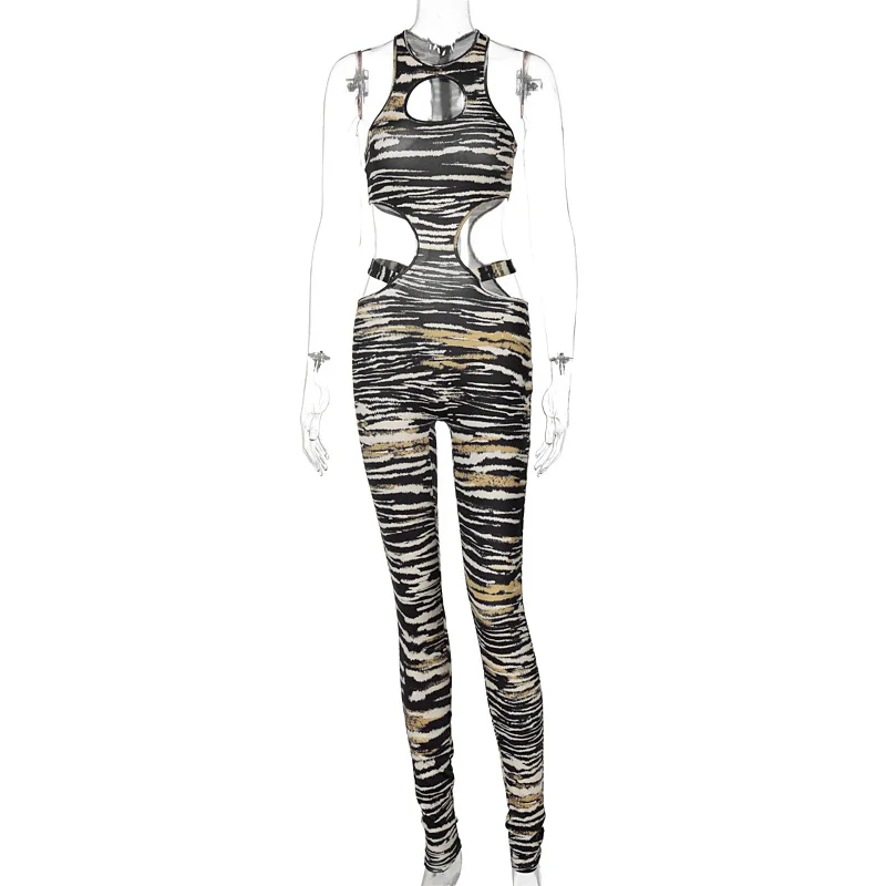 

Ahagaga 2021 Summer Striped Print Jumpsuit Women Fashion Hollow Out O-neck Sleeveless Skinny Bodycon Playsuit Female Rompers