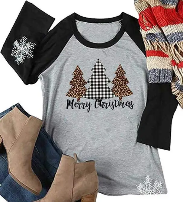 15 Новинка, модные женские футболки с надписью «Merry Christmas», лоскутные Футболки с длинным рукавом, футболки размера плюс S-XXL 3XL - Цвет: 15