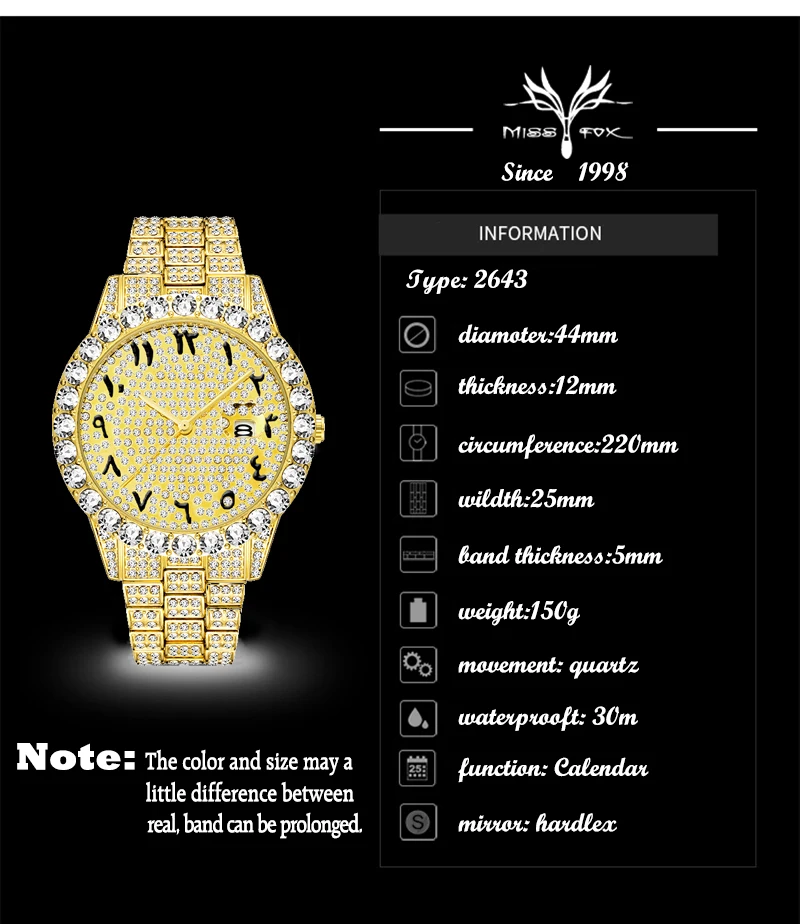 MissFox арабские цифры мужские s часы лучший бренд класса люкс rolexable_часы мужские 18 К золото большой алмаз Xfcs классические мужские часы со льдом