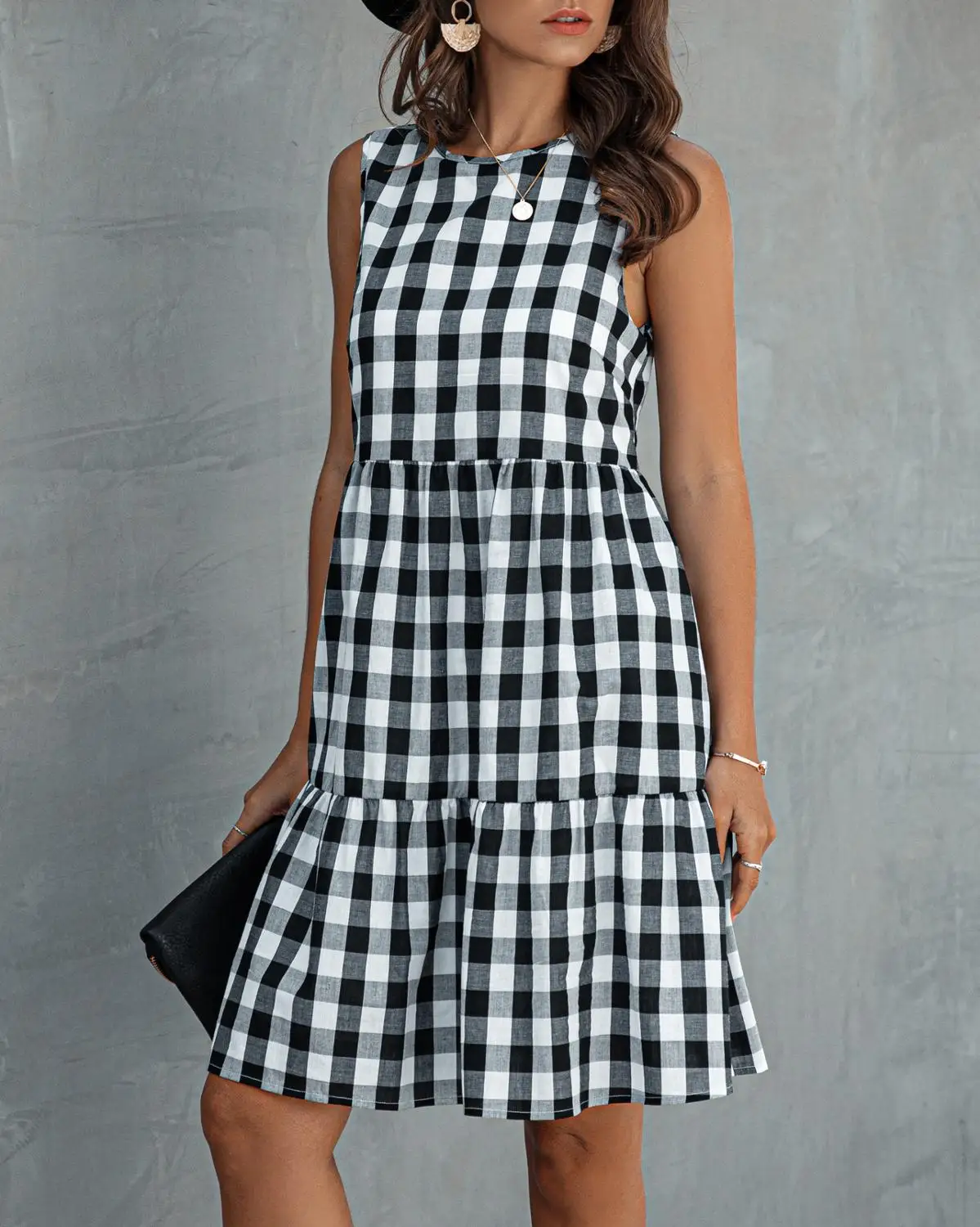 Платье женское клетчатое ТРАПЕЦИЕВИДНОЕ повседневный синий сарафан свободного